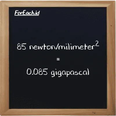 How to convert newton/milimeter<sup>2</sup> to gigapascal: 85 newton/milimeter<sup>2</sup> (N/mm<sup>2</sup>) is equivalent to 85 times 0.001 gigapascal (GPa)